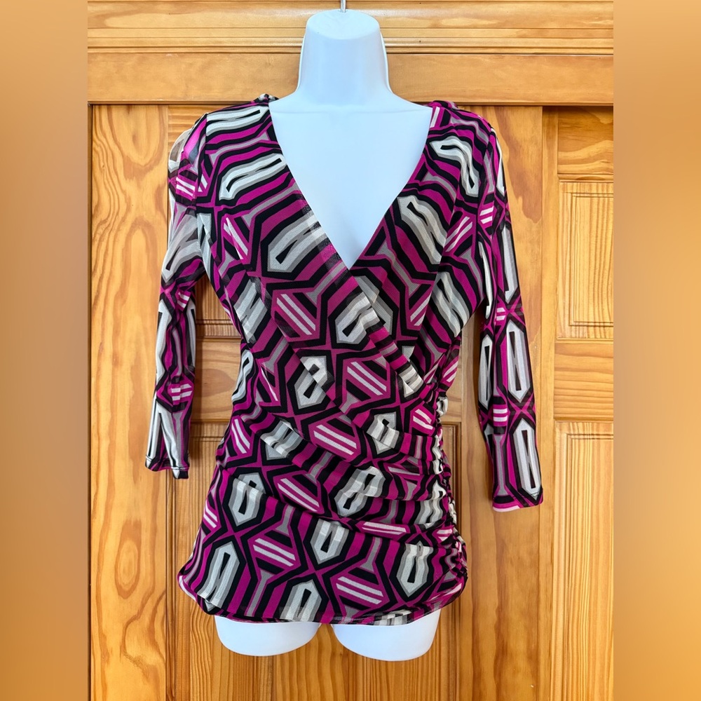 INC International Concepts Pink and Black Geometric Wrap Top